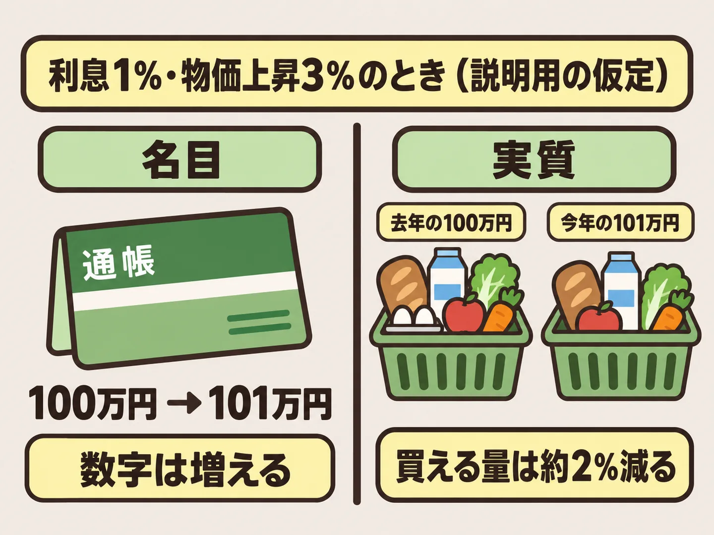 利息が1パーセント付いて100万円が101万円になっても、物価が3パーセント上がると、そのお金で買える量は約2パーセント減ることを示した図