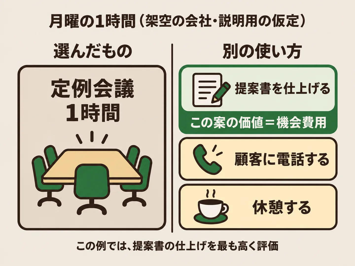 定例会議の1時間を選ぶことで、提案書の仕上げ・顧客への電話・休憩という別の使い方をあきらめ、この例で最も高く評価する提案書の仕上げから得られたはずの価値が機会費用になることを示した図
