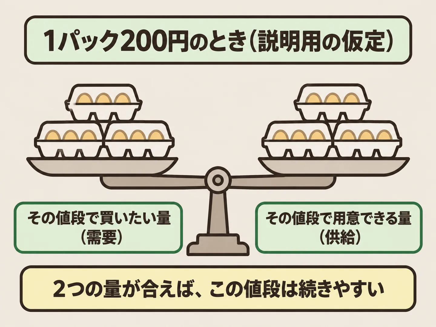 1パック200円のときに買いたい量と用意できる量が同じで、天秤がつり合っていることを示した図