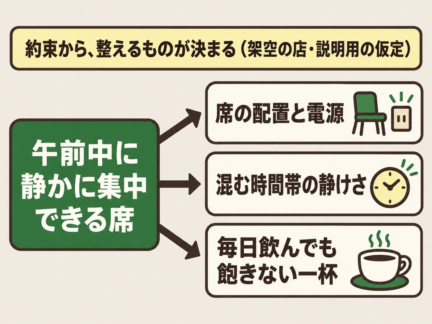 静かに集中できる席という価値提案から、席の配置と電源・混む時間帯の静けさ・飽きない一杯という整えるものが決まることを示した図